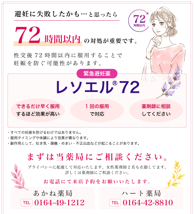 緊急避妊薬レソエル72 まずは当薬局にご相談ください。